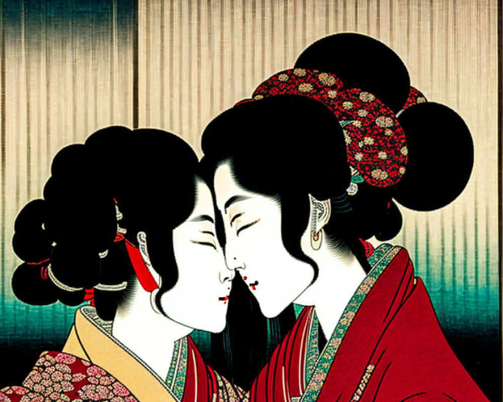 Traditional Japanese attire: Women in intricate kimonos with detailed hairstyles