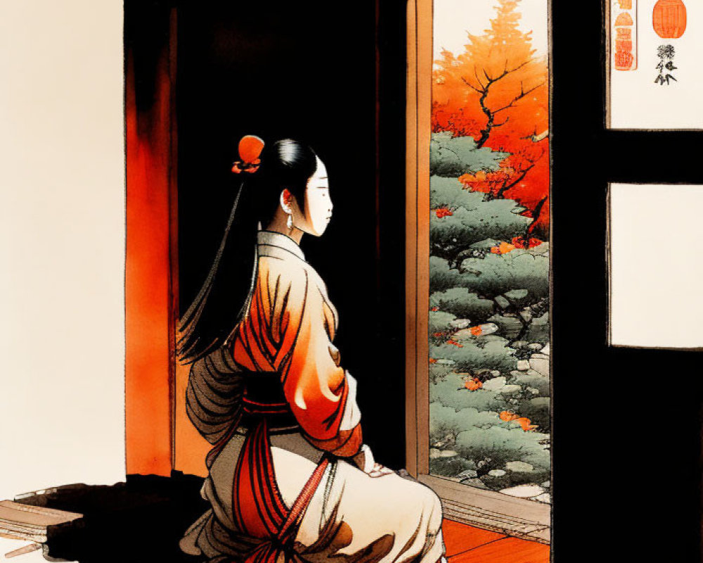 Traditional Japanese Woman in Kimono by Sliding Door Observing Red Tree