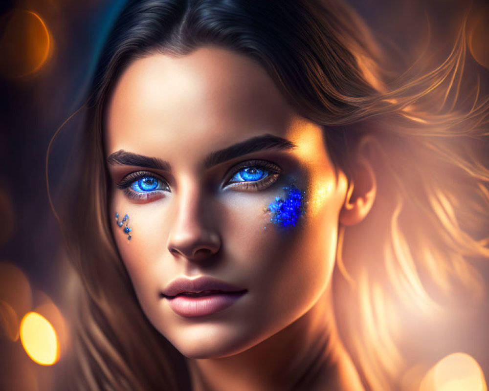 Close-up portrait of woman with blue eyes, glitter makeup, and flowing hair