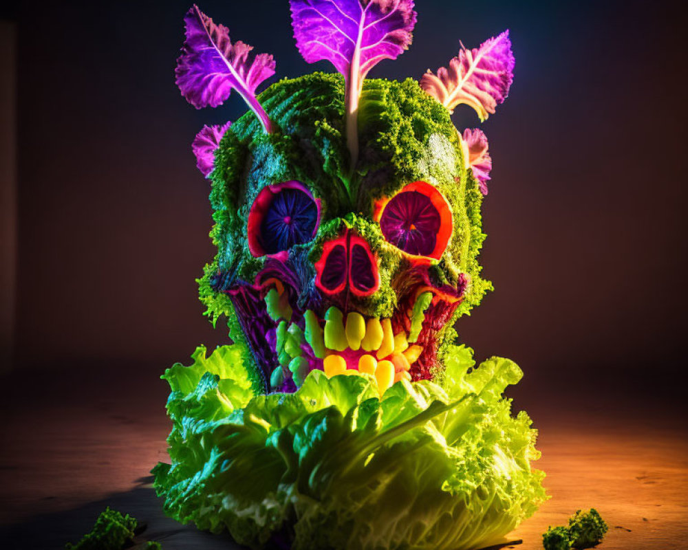 Vegetable skull sculpture with purple cabbage and radishes on wooden surface