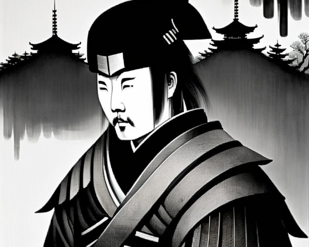 Monochrome illustration of traditional Asian warrior with temples in background.