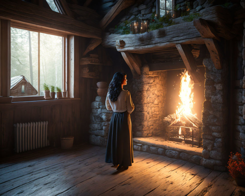 Woman in Dark Skirt and White Blouse by Roaring Fire in Rustic Cabin