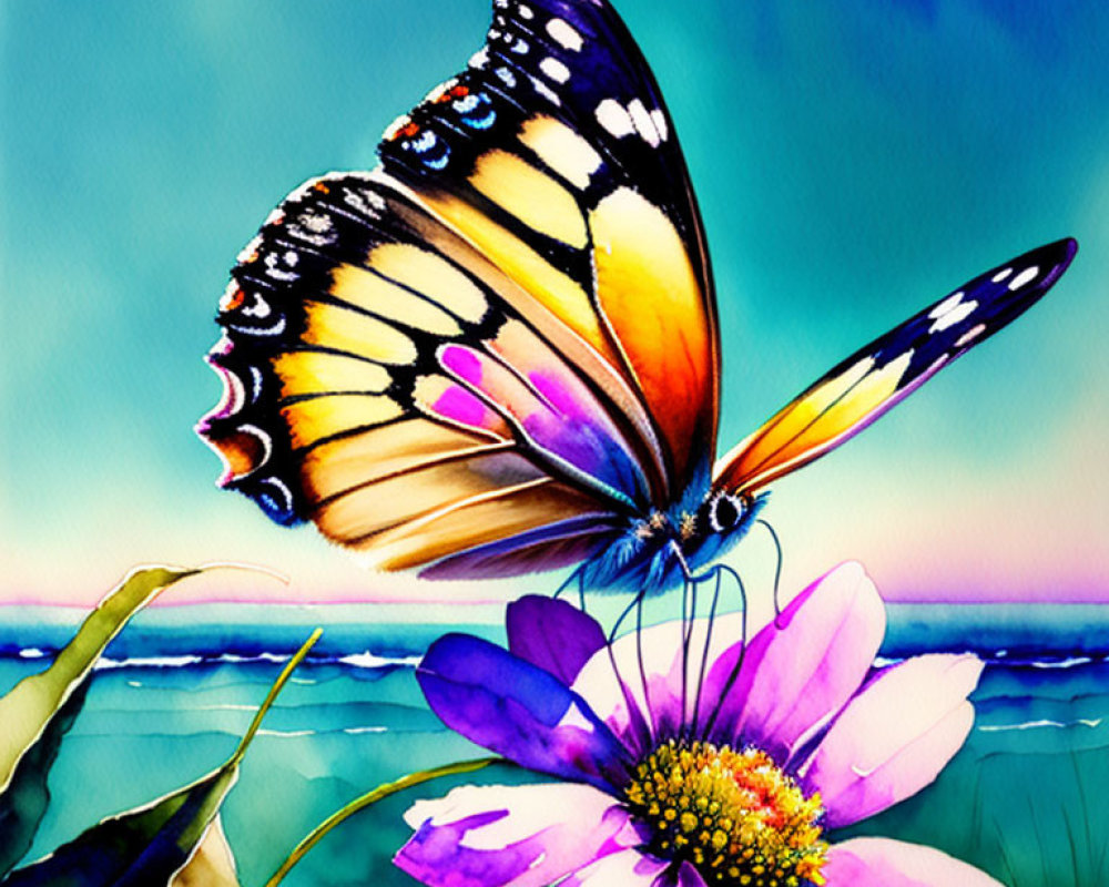 Colorful Butterfly Resting on Purple Flower Against Blue Sky