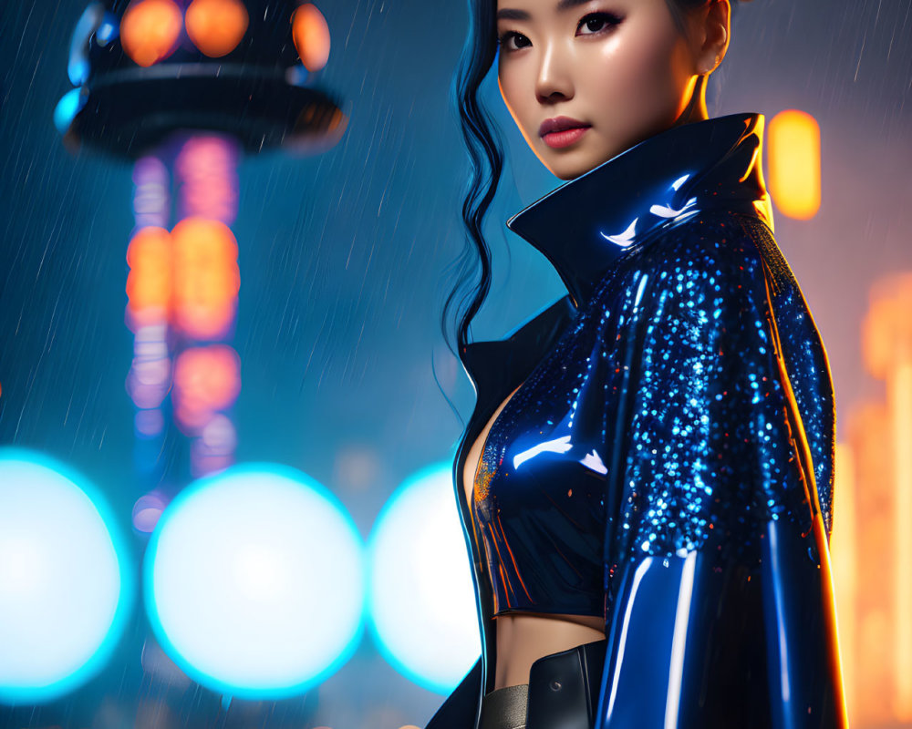 Futuristic woman in glowing attire against neon cityscape at night