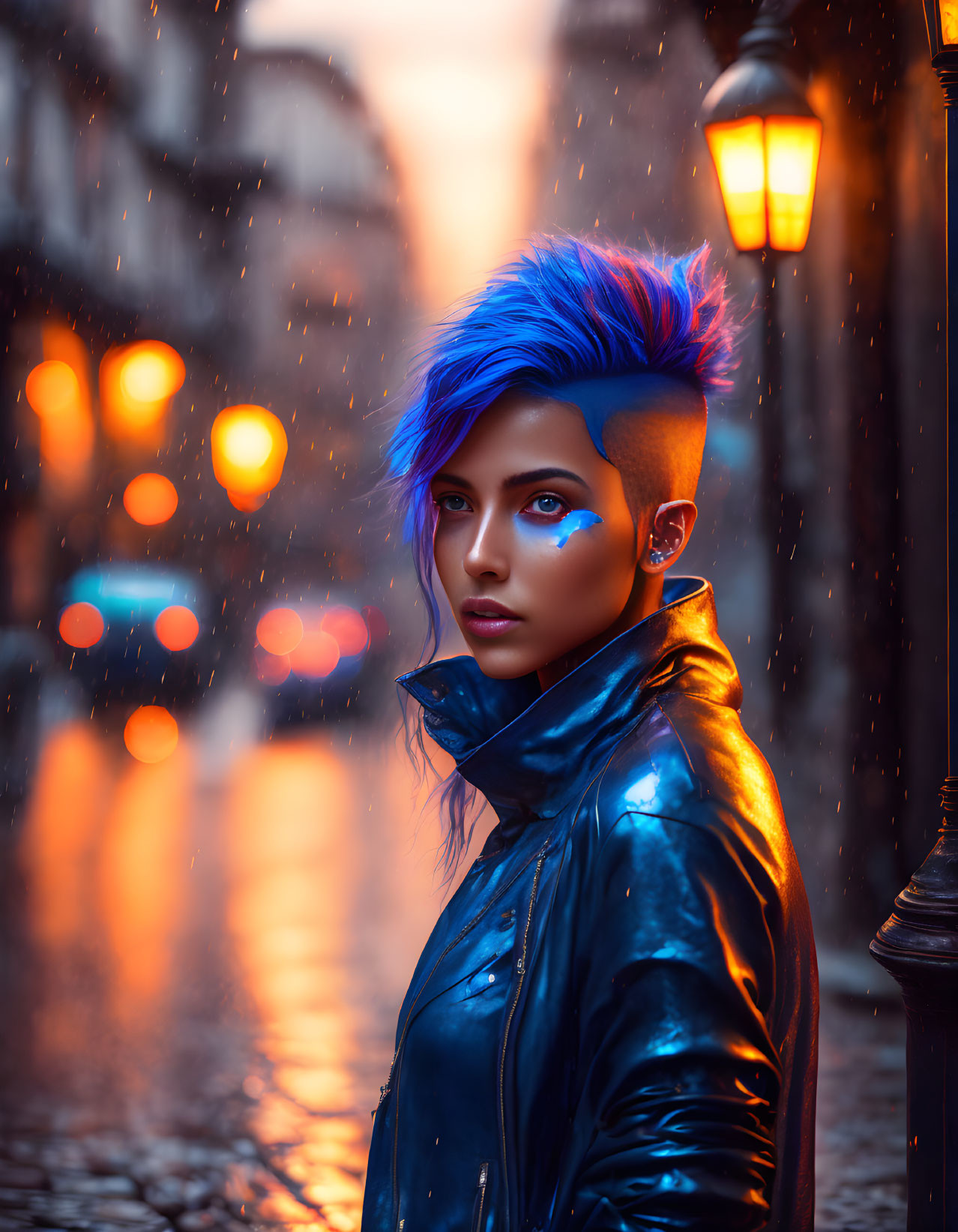 Vibrant Blue-Haired Person by Lantern on Rainy City Street