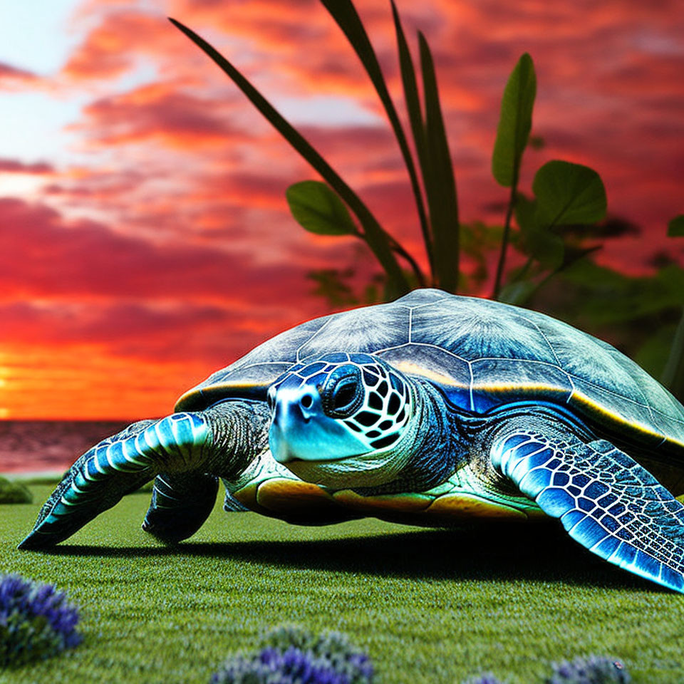 Sea turtle on grass under vibrant sunset sky with water and foliage.