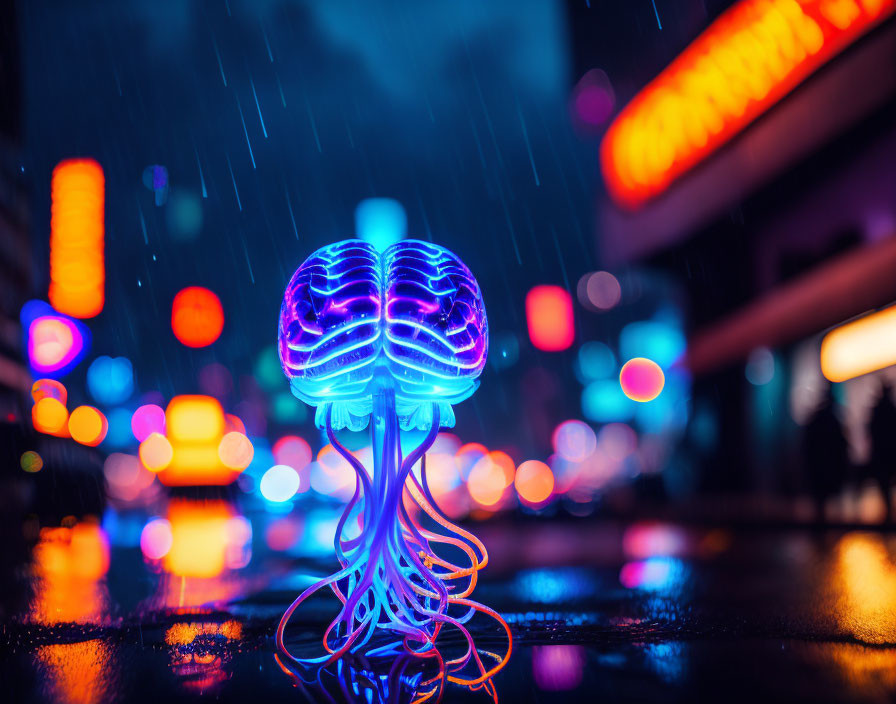 Neon jellyfish with brain-like structure in urban night scene