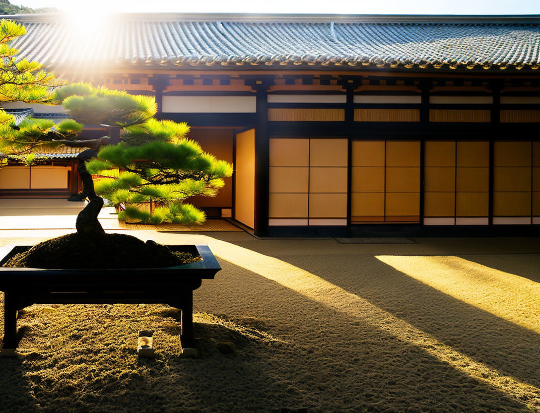 Bonsai Tree with Sunlight Shadows on Raked Sand by Japanese Sliding Doors