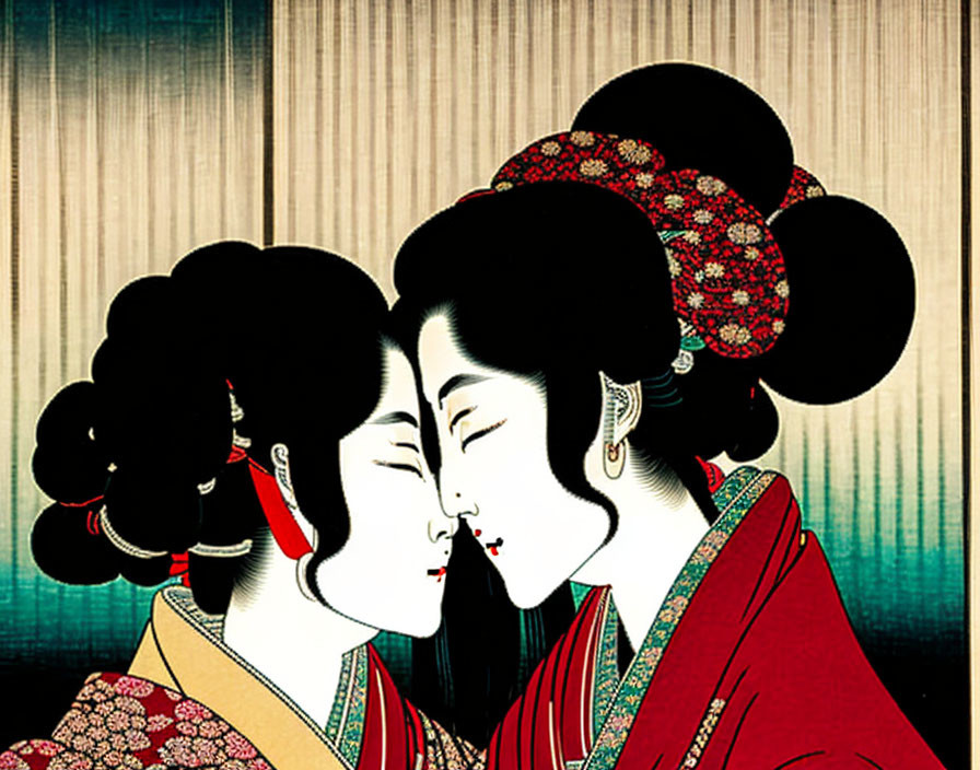 Traditional Japanese attire: Women in intricate kimonos with detailed hairstyles