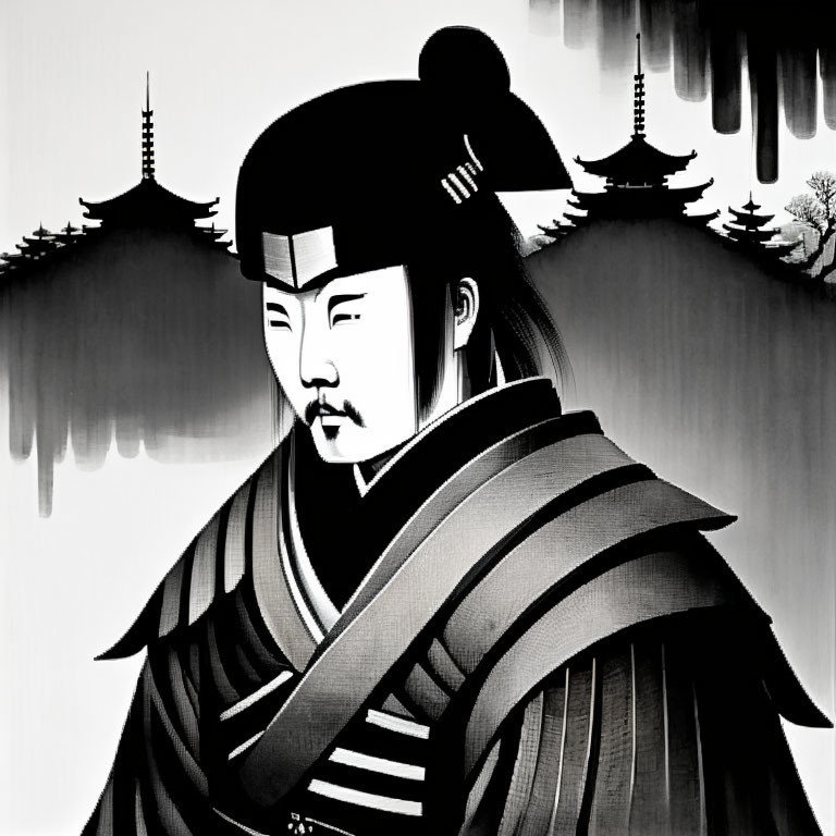 Monochrome illustration of traditional Asian warrior with temples in background.