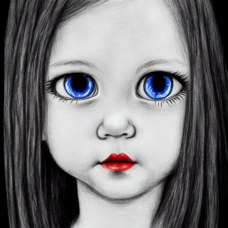 Detailed stylized drawing of girl with blue eyes, brown hair, red lips on monochrome background