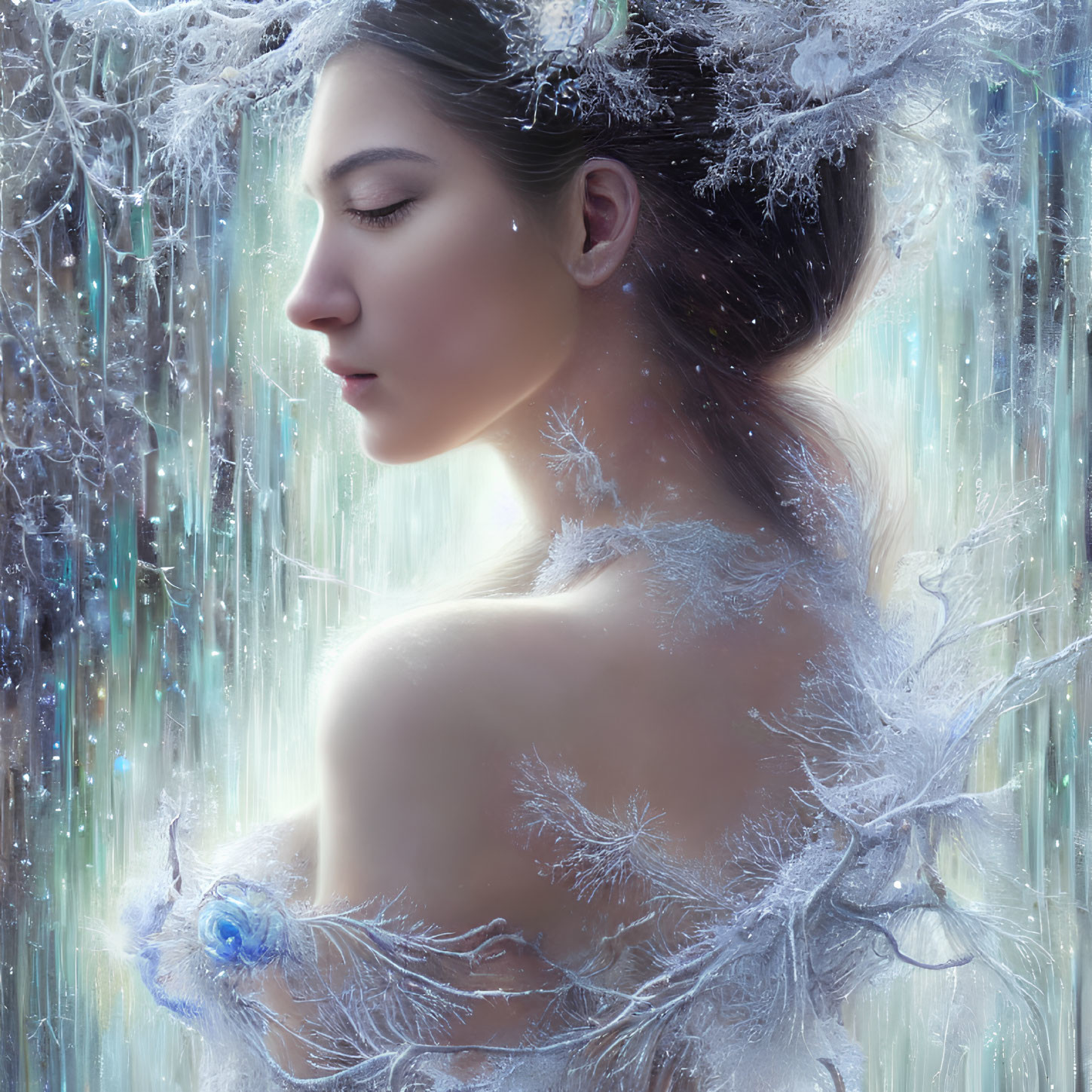 Frosty-skinned woman with snowflake adornments in serene setting