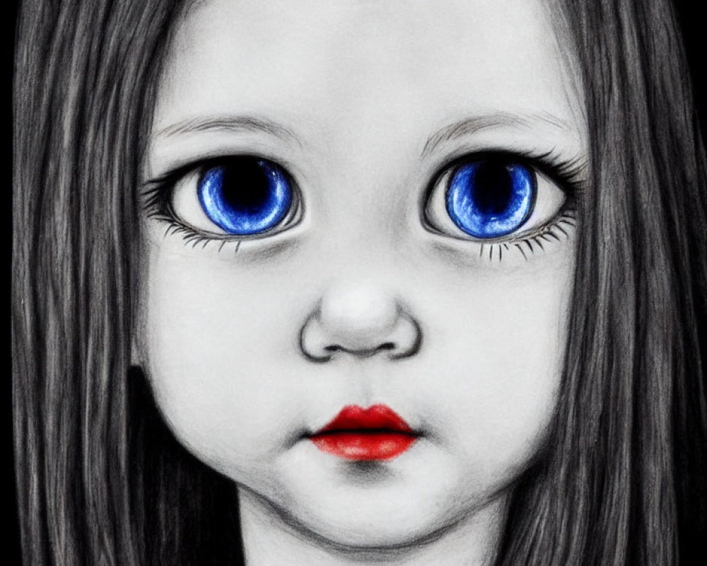 Detailed stylized drawing of girl with blue eyes, brown hair, red lips on monochrome background