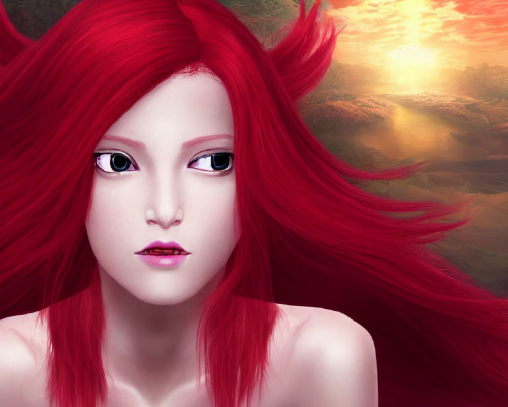 Digital artwork: Character with red hair and purple eyes in mystical forest sunset