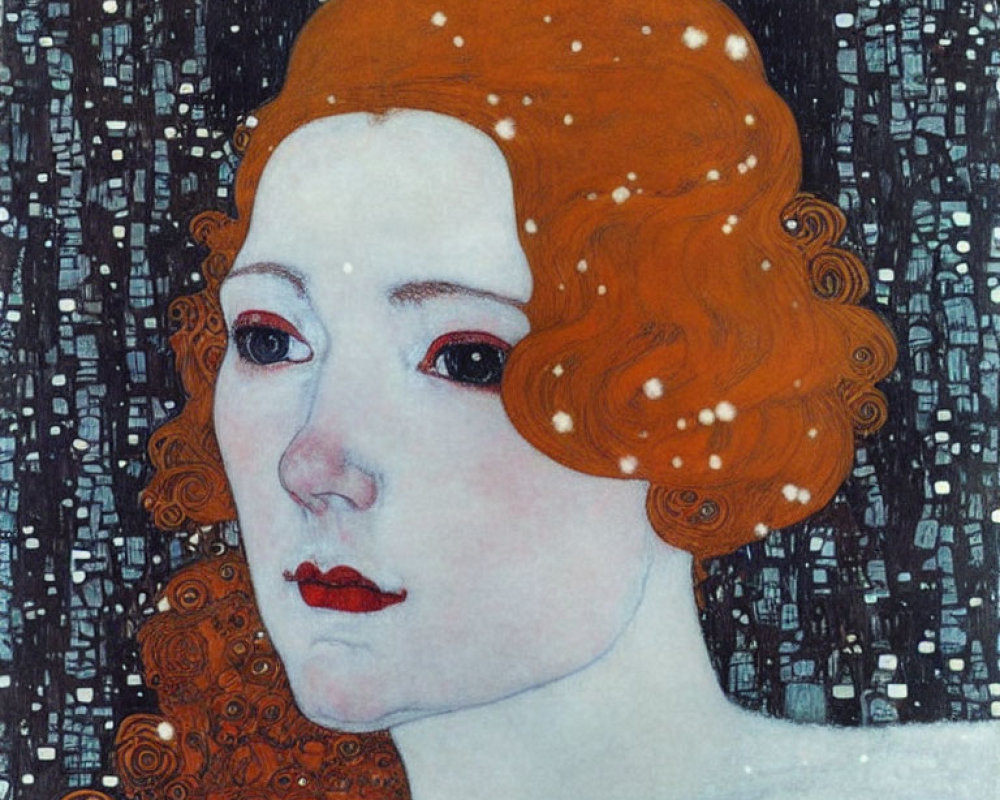 Portrait of Woman with Pale Skin and Auburn Hair on Dark Blue Background