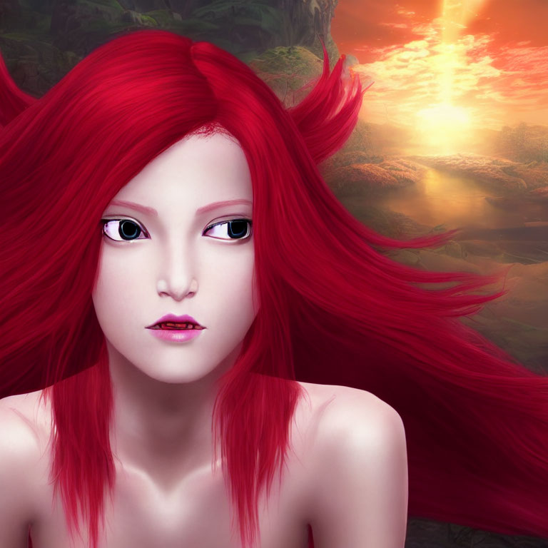 Digital artwork: Character with red hair and purple eyes in mystical forest sunset