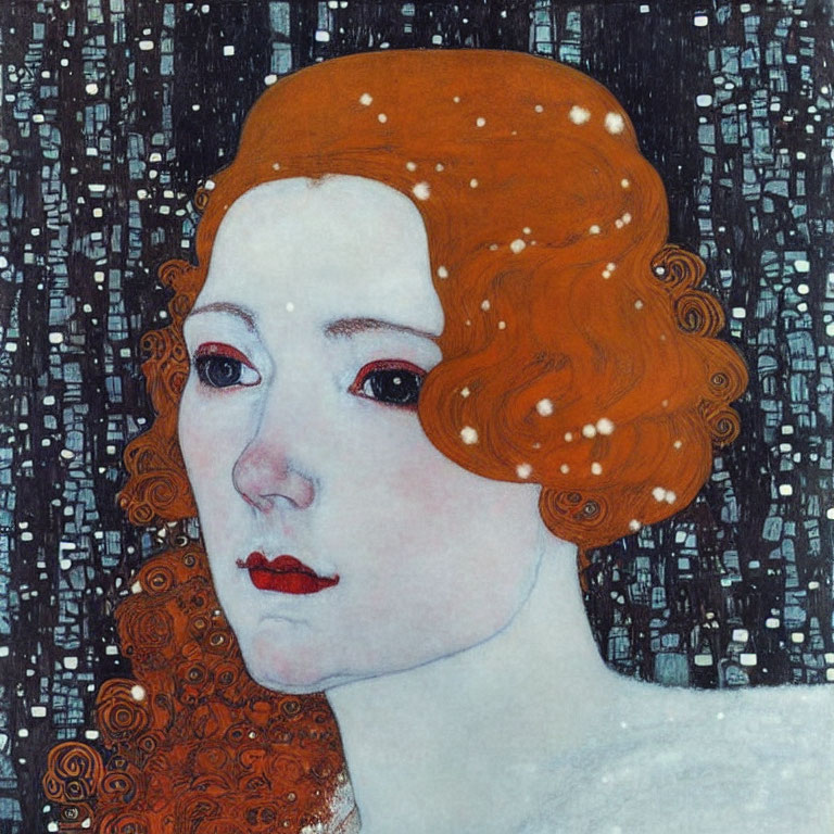 Portrait of Woman with Pale Skin and Auburn Hair on Dark Blue Background