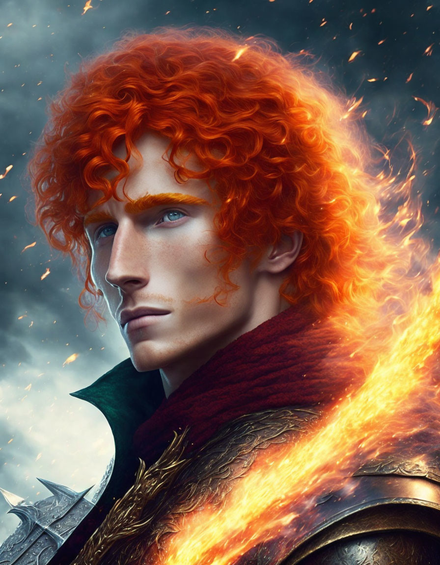 Fantasy character digital portrait with fiery red hair and ember sparks, intense blue eyes, and armor.