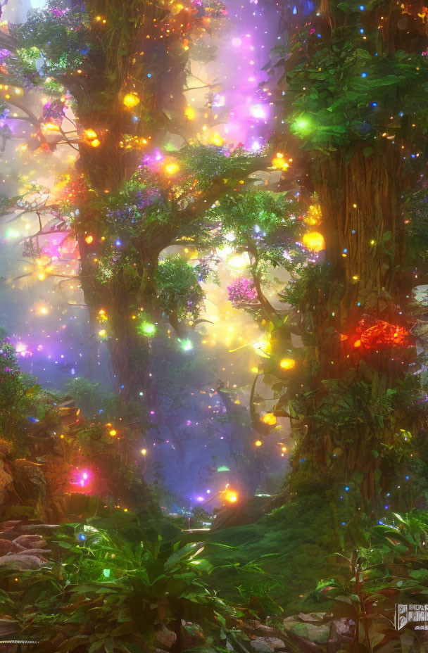 Mystical Glowing Lights in Enchanted Forest Glade