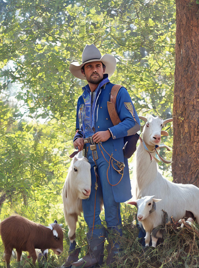 Man in cowboy hat with goats in forest - blue vest and rope present