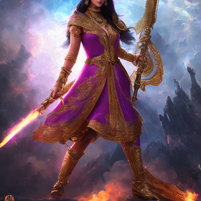 Female warrior in golden armor wields energy sword in mystical setting