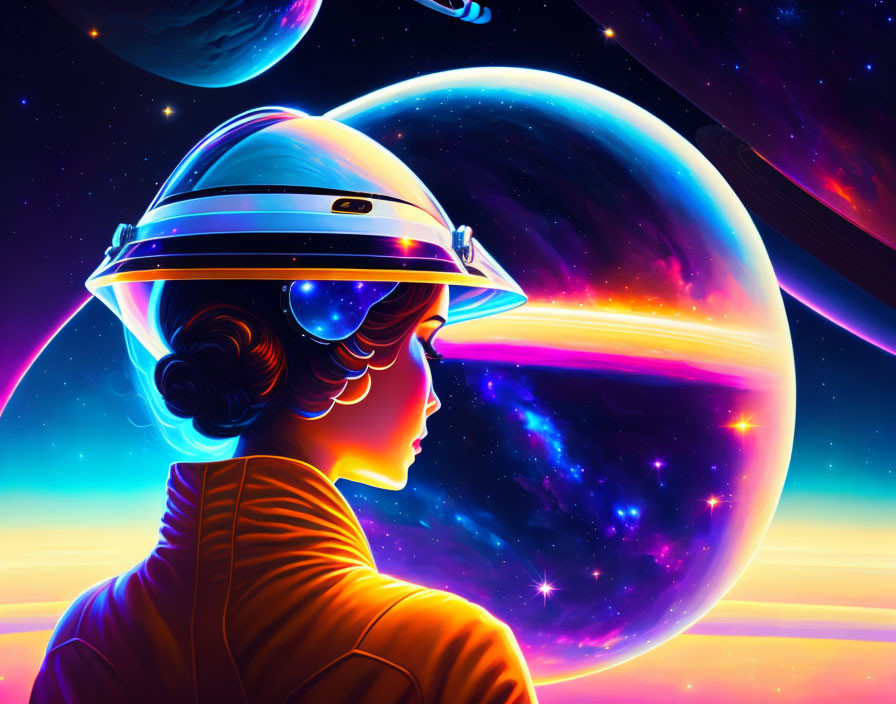 Futuristic helmet illustration with cosmic scene