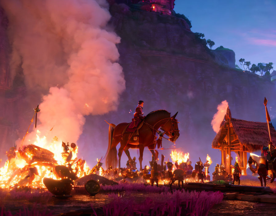 Horse-mounted figure in flames with onlookers and rocky backdrop