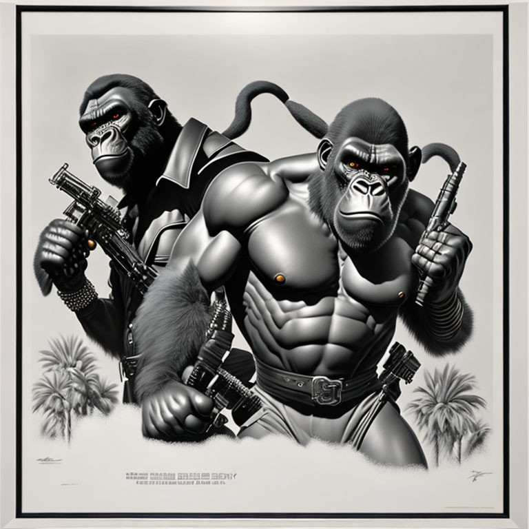 Anthropomorphic gorillas in tactical gear with firearms and palm tree background.