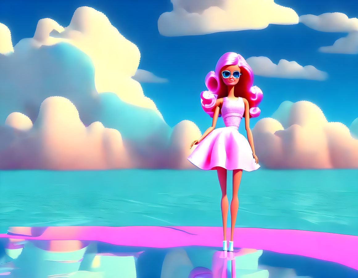 Stylized 3D render of girl with pink hair and sunglasses in white dress on reflective surface