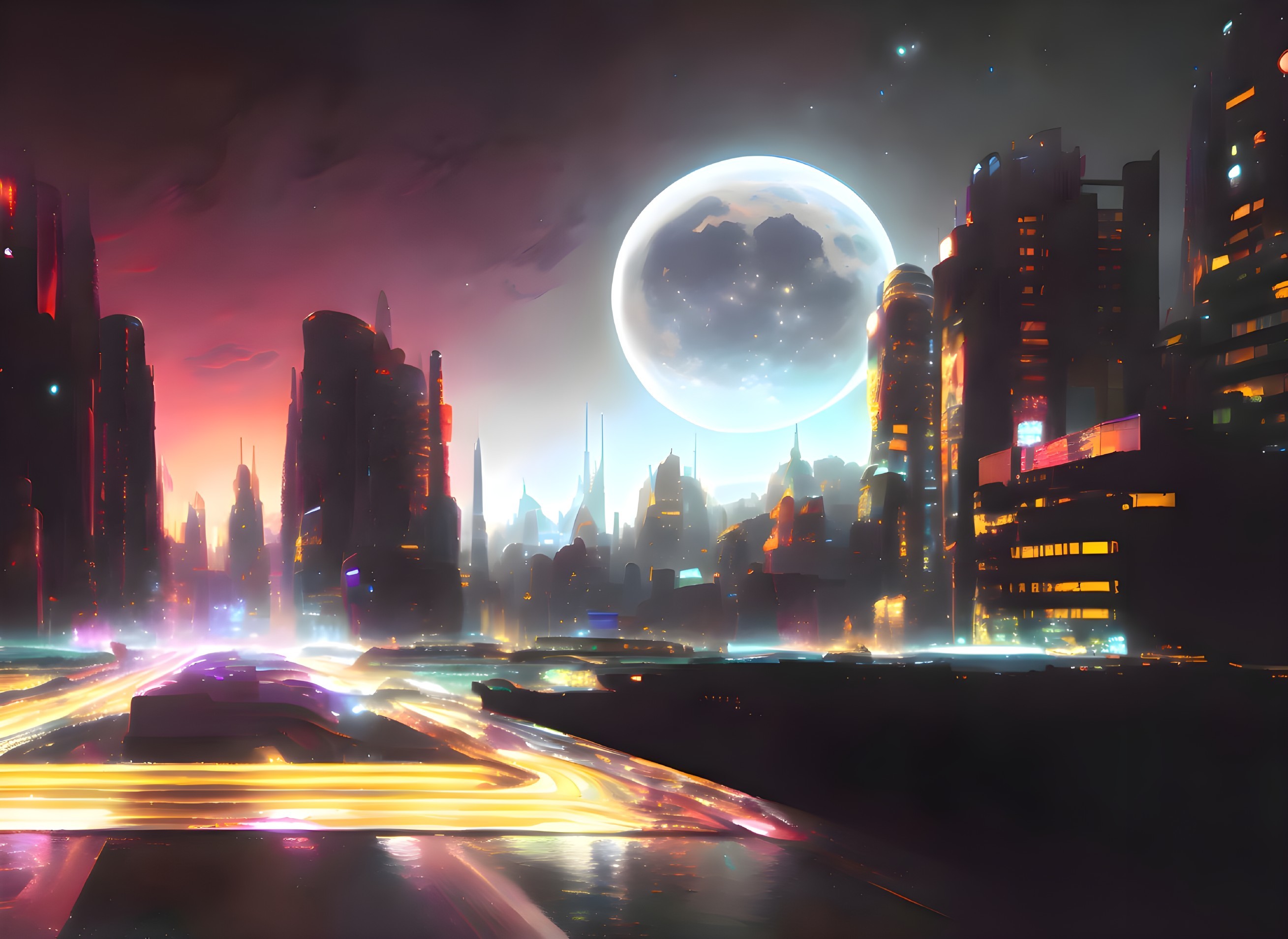 Futuristic night cityscape with neon lights and skyscrapers