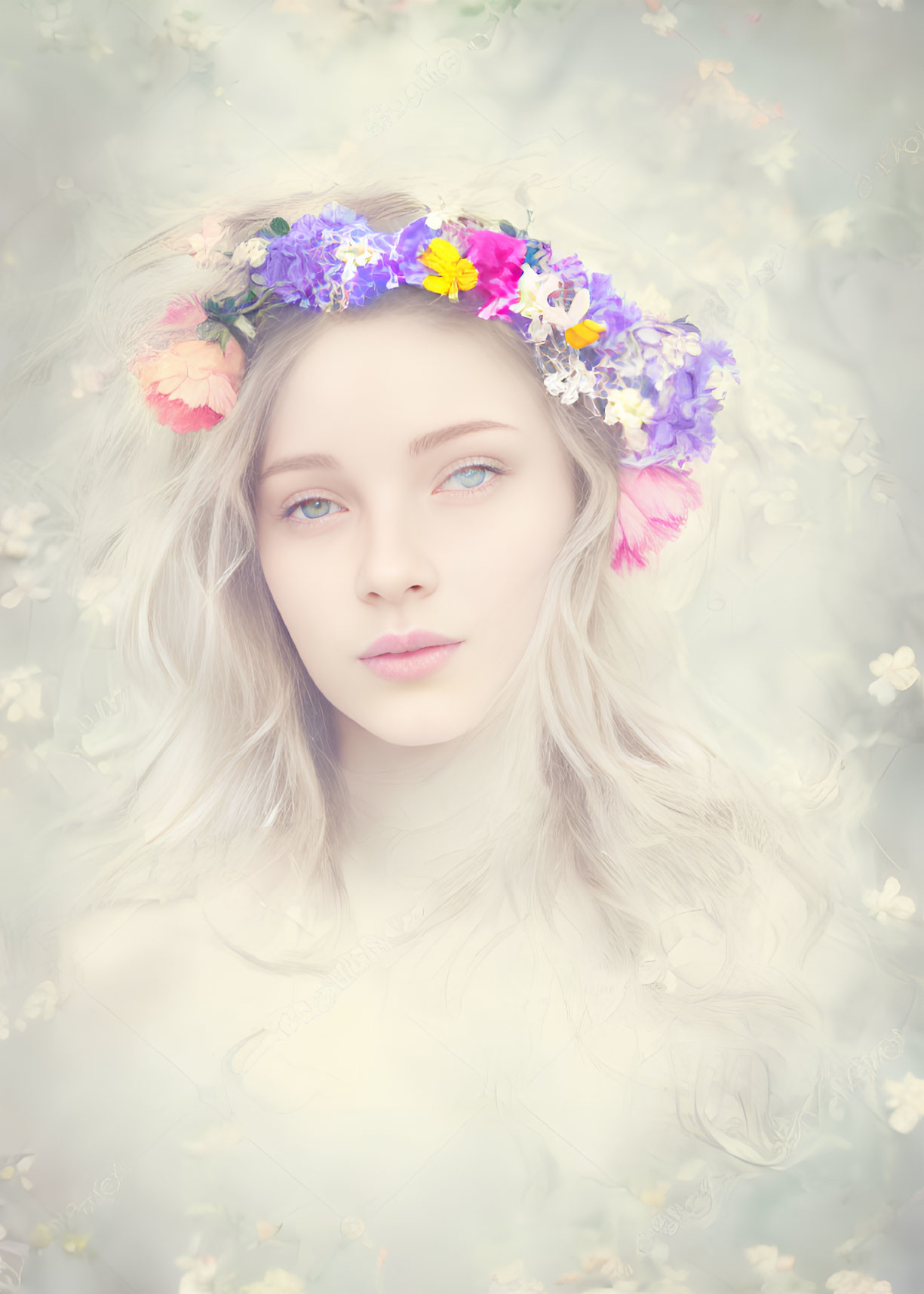 Woman with Floral Wreath Surrounded by White Blossoms