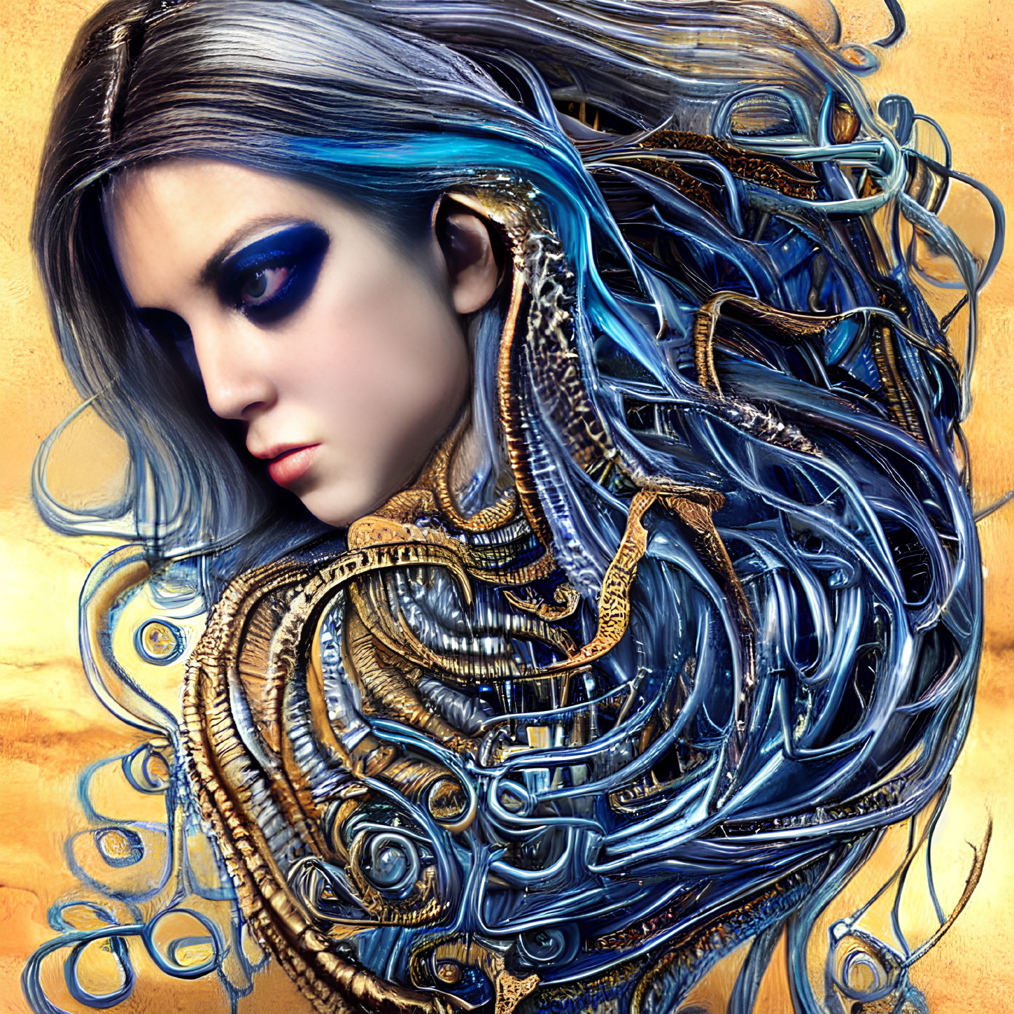 Digital artwork: Woman with blue-black hair and ornate gold elements on warm-toned backdrop