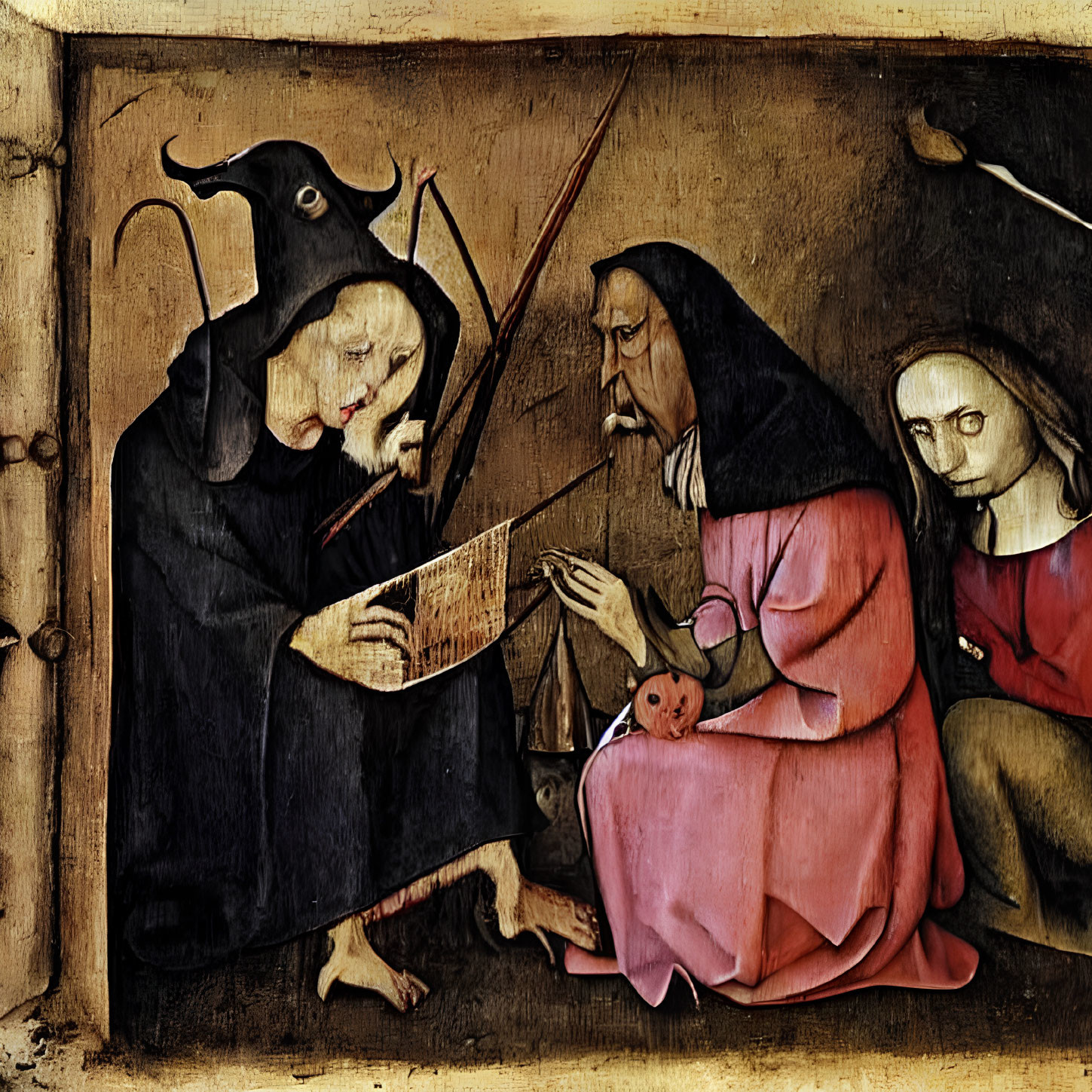 Medieval painting with figures in horned mask, playing instrument, and praying