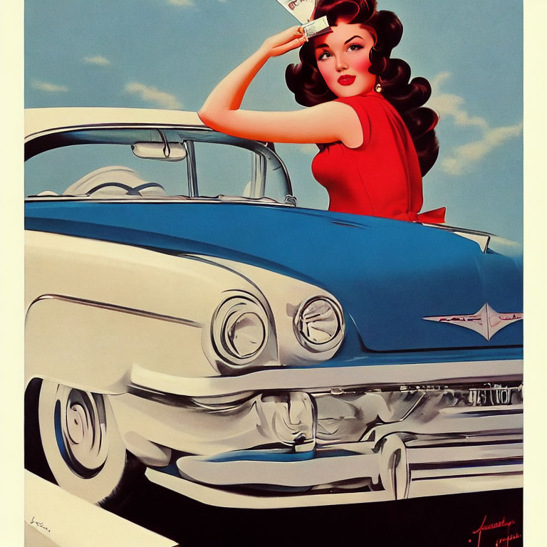 Illustration of woman in red outfit on classic car bonnet with milkshake