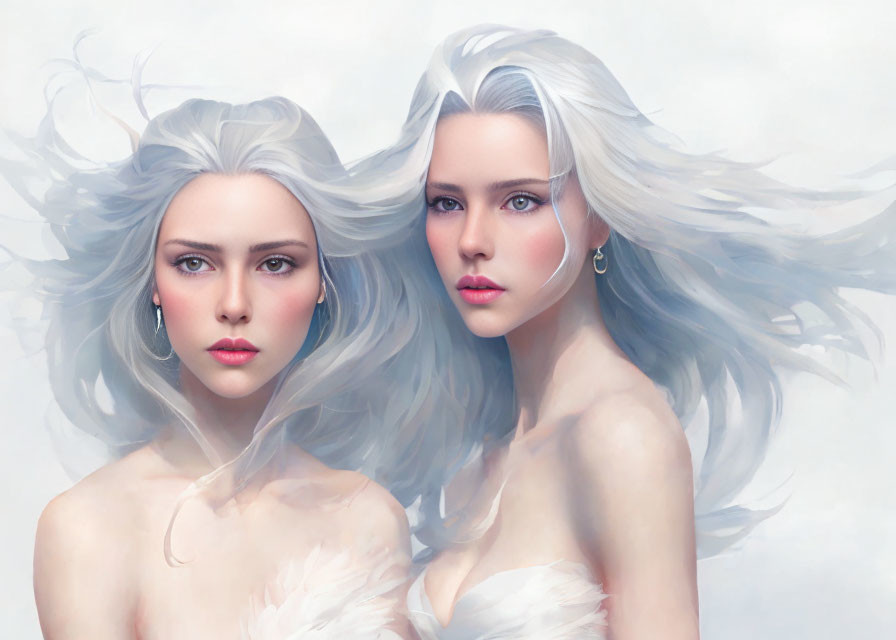 Ethereal women with blue eyes and white hair on soft background