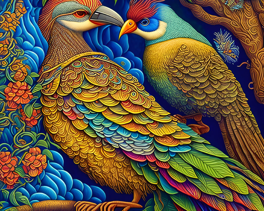 Colorful Stylized Birds Facing Each Other on Blue Floral Background