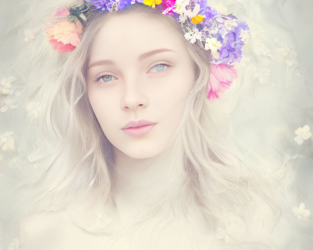 Woman with Floral Wreath Surrounded by White Blossoms