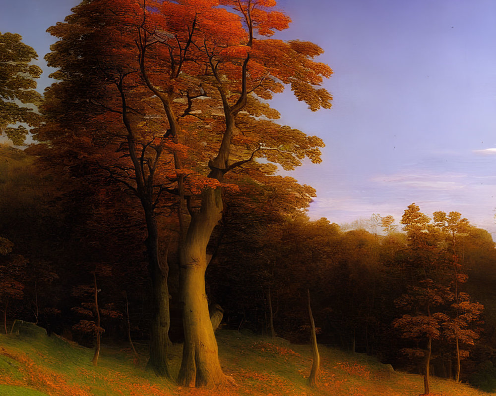 Majestic solitary tree with reddish-orange leaves at sunset