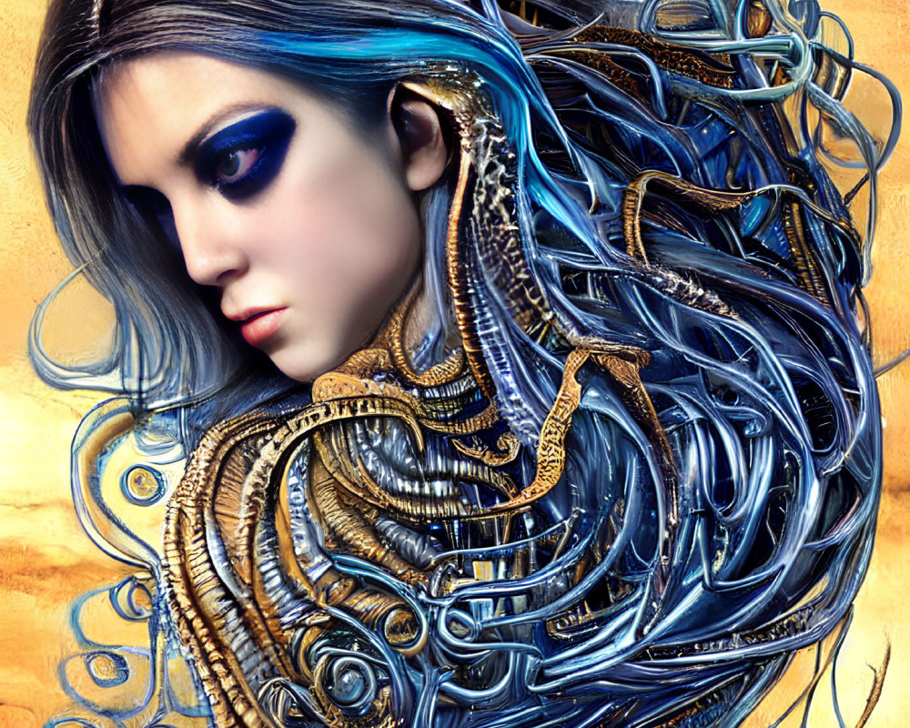 Digital artwork: Woman with blue-black hair and ornate gold elements on warm-toned backdrop