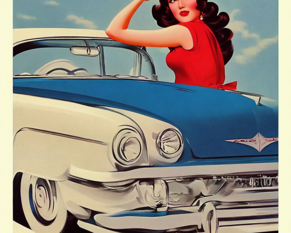 Illustration of woman in red outfit on classic car bonnet with milkshake