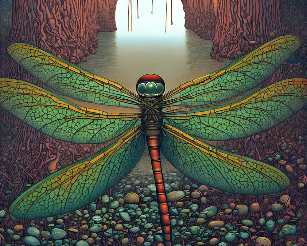 Colorful Dragonfly Resting on Stones with Forest Background