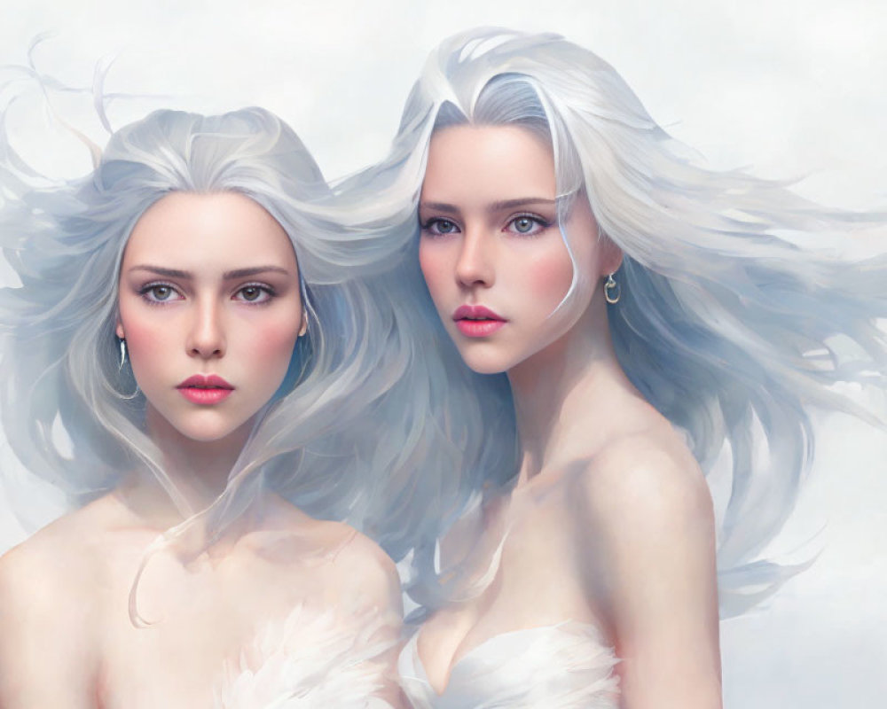 Ethereal women with blue eyes and white hair on soft background