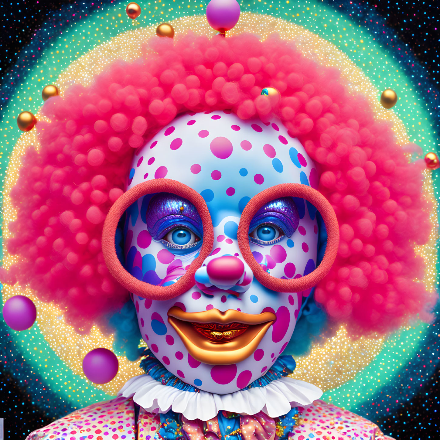 Vibrant Clown with Red Wig and Pink Glasses on Dotted Space Background