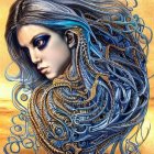 Digital artwork: Woman with blue-black hair and ornate gold elements on warm-toned backdrop