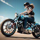 Woman in black outfit rides classic motorcycle under clear blue sky