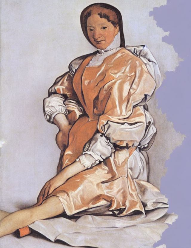 Seated woman in brown dress with white cuffs and collar