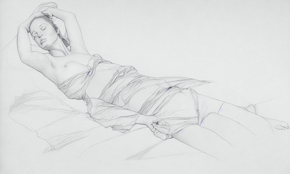 Reclining woman in pencil sketch with draped cloth