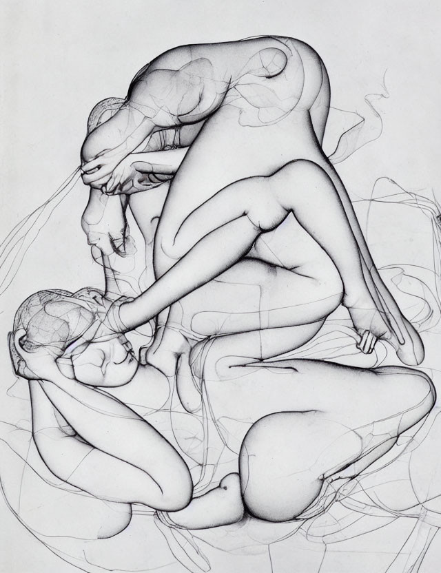 Surreal pencil sketch of intertwined human form with multiple limbs and heads