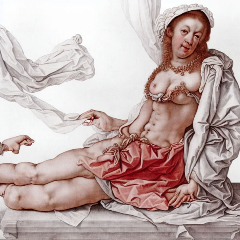 Classical Painting of Reclining Woman with Exposed Breasts and Red Drape