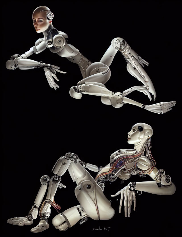 Highly detailed humanoid robots with exposed internal mechanisms on black background